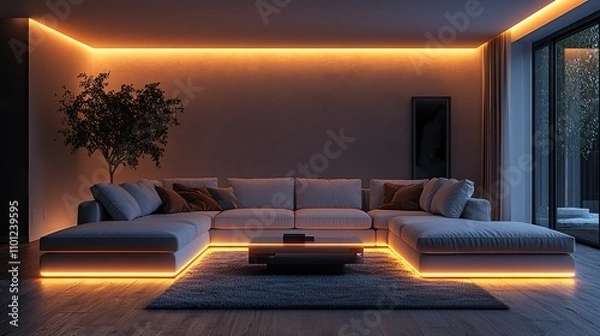 Fototapeta led lighting and strip lighting also known as ribbon lights or led tape these lights are suspended from the plasterboard ceiling in empty living rooms technology and interior design for home