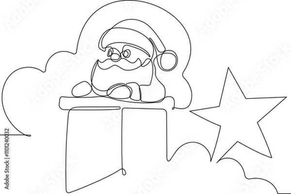 Fototapeta Vector doodle illustration, hand drawn in cartoon style. Black and white linear drawing of Santa Claus on the roof in a chimney. Vector illustration