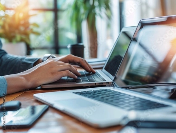 Fototapeta Photo of the hands of a person working at a laptop is generated AI