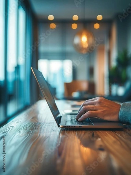 Fototapeta Photo of the hands of a person working at a laptop is generated AI
