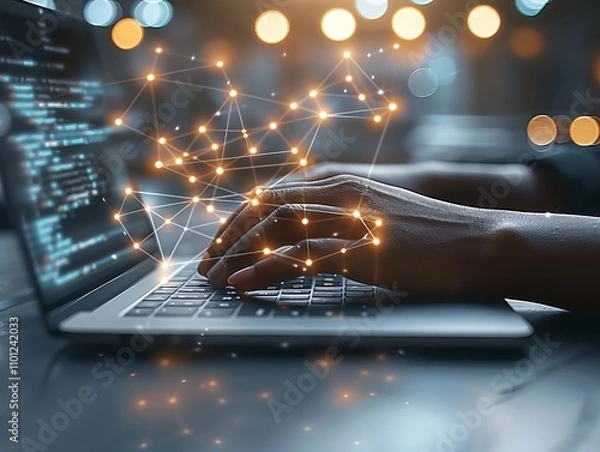 Fototapeta Photo of the hands of a person working at a laptop is generated AI