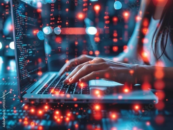 Fototapeta Photo of the hands of a person working at a laptop is generated AI