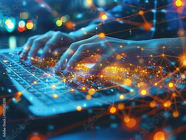 Obraz Photo of the hands of a person working at a laptop is generated AI