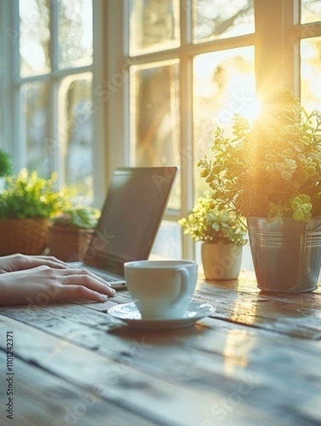 Obraz Photo of the hands of a person working at a laptop is generated AI
