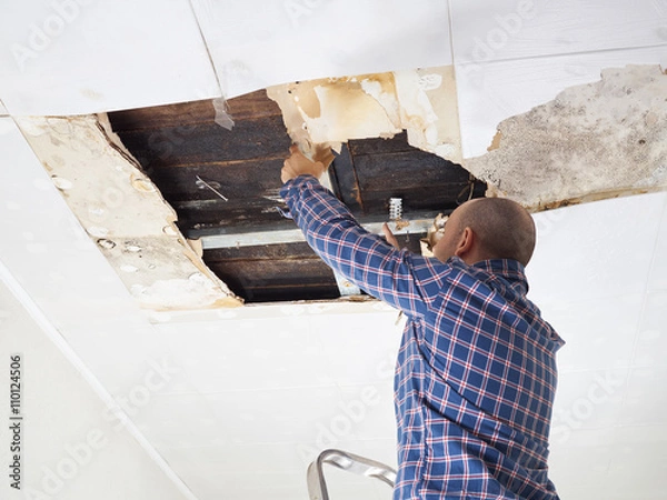 Fototapeta Man repairing collapsed ceiling.