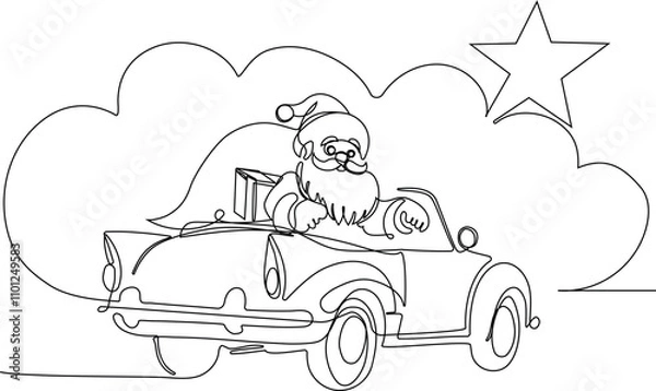 Fototapeta Vector doodle illustration, hand drawn in cartoon style. Black and white linear drawing of Santa Claus on the roof in a chimney. Vector illustration