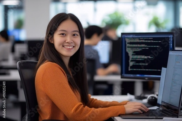 Fototapeta Focused young Korean female professional IT specialist business working on laptop pc sitting at desk in modern office. Smiling Asian woman using computer technology app for work.