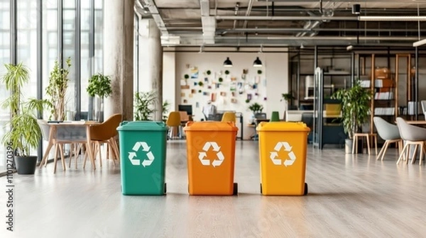 Fototapeta Modern open-plan office with colorful recycling bins and plants under ceiling lights, featuring a wall with various decorations
