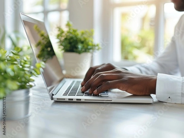 Obraz Photo of the hands of a person working at a laptop is generated AI