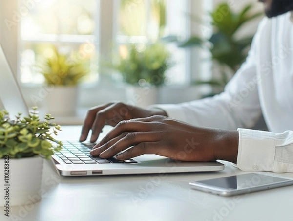 Obraz Photo of the hands of a person working at a laptop is generated AI
