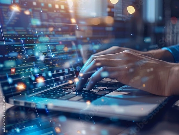 Obraz Photo of the hands of a person working at a laptop is generated AI