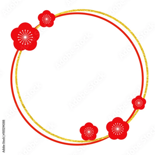 Obraz 梅の花　和風　フレーム　飾り　枠　飾り罫　和　素材　年賀　正月　お歳暮　新春　縁起物　見出し　タイトル　囲み　あしらい　丸　リース　輪　和柄　シンプル　おしゃれ　上品　白背景　白バック　透過