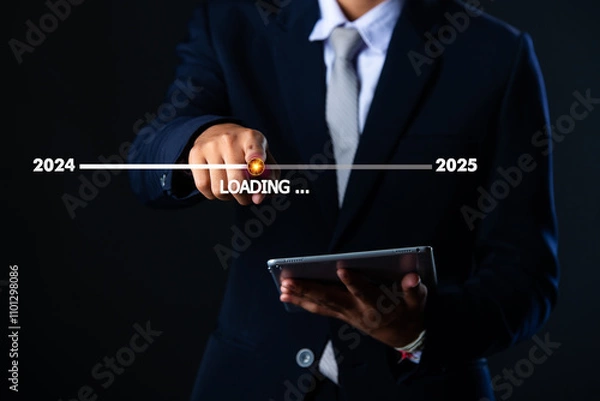 Fototapeta Businessman touching download bar for change year 2024 to 2025 to change and prepare new business year concept.