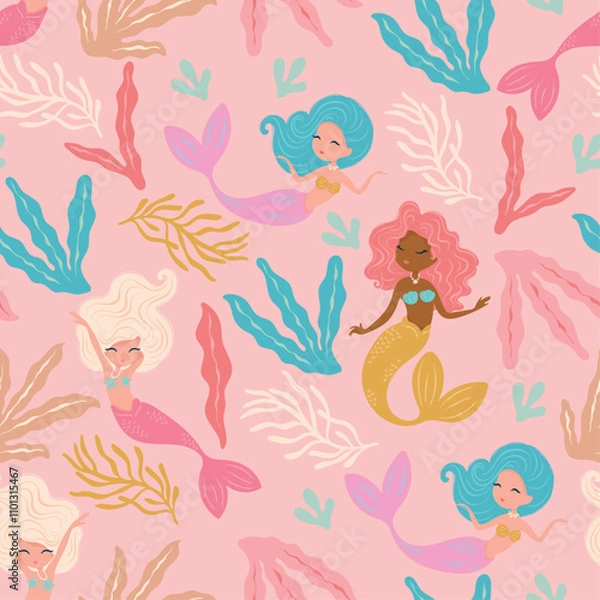 Obraz Lovely mermaids, seamless pattern design, undersea childish texture, pink background, vector illustration.