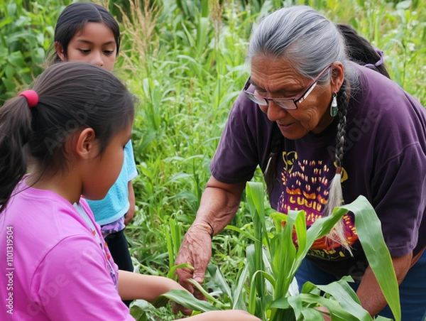 Obraz Elder Educates Urban Youth on the Sustainable Three Sisters Planting Method, Fostering Cultural Heritage and Teamwork Through Hands-On Farming Experience with Corn, Beans, and Squash.