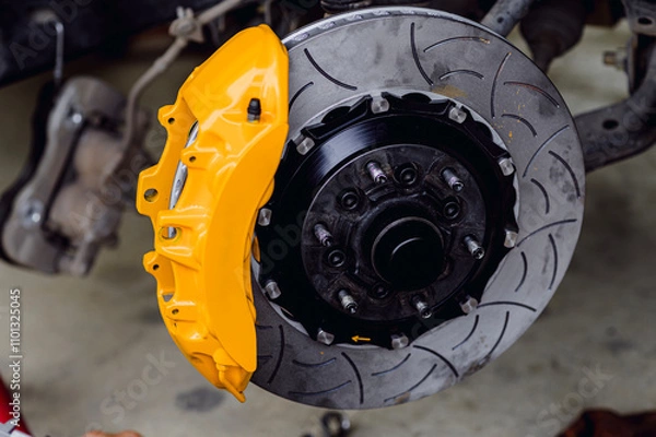 Fototapeta Big yellow brake calipers.Upgrading the brake calipers to bigger ones makes the performance even better.The large brake caliper has 6 large pistons that distribute braking force evenly.