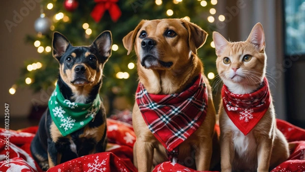 Obraz Two dogs and a ginger cat wearing festive bandanas sitting on a red blanket near a decorated Christmas tree