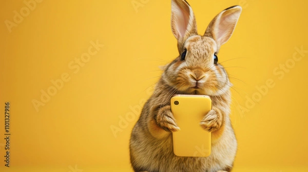 Fototapeta Cute bunny shocked hold mobile cell phone isolated on yellow color background. Funny bunny holds phone surprised shopping concept