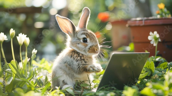 Fototapeta Cute bunny call center worker, online support worker in headphones with laptop. Bunny working outside. Funny creative concept for advert, poster, app, web