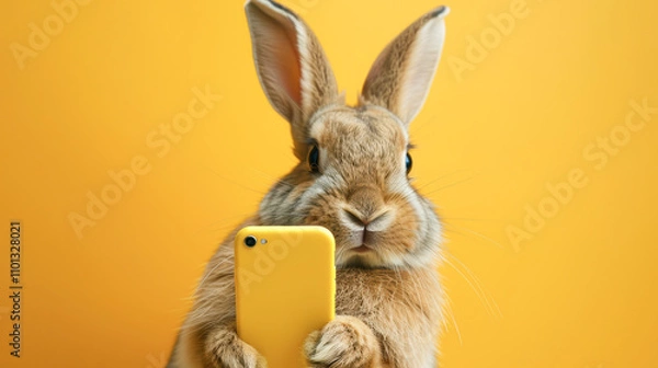 Fototapeta Cute bunny shocked hold mobile cell phone isolated on yellow color background. Funny bunny holds phone surprised shopping concept