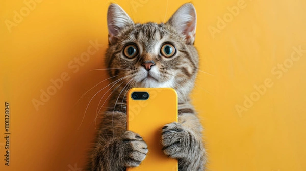 Fototapeta Little kitten shocked hold mobile cell phone isolated on yellow color background. Cute cat holds phone surprised shopping concept