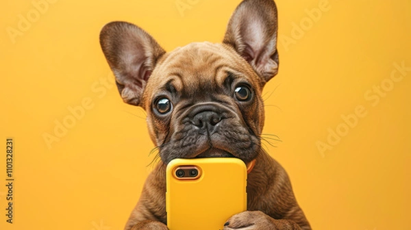 Fototapeta Funny puppy dog shocked hold mobile cell phone isolated on yellow background. Cute dog holds phone surprised shopping concept. For advert, poster, app, web, sale