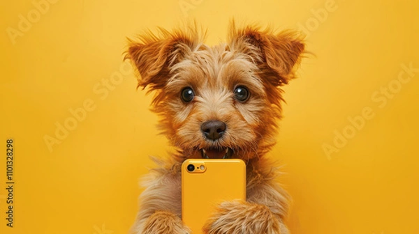Fototapeta Funny puppy dog shocked hold mobile cell phone isolated on yellow background. Cute dog holds phone surprised shopping concept. For advert, poster, app, web, sale