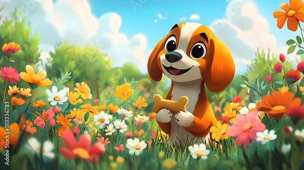 Fototapeta A playful cartoon-style illustration of a mischievous Beagle holding a bone, with exaggerated big eyes and floppy ears, surrounded by a colorful park scene filled with vibrant flowers and trees.