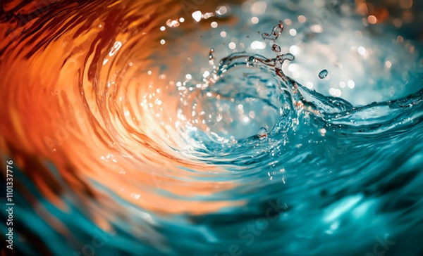 Fototapeta A mesmerizing close-up of vibrant liquid paint mixing blue and orange, highlighting droplet textures and dynamic, swirling energy in horizontal composition.