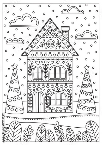 Fototapeta Vector doodle winter illustration. Hand drawn antistress coloring page with house and trees.