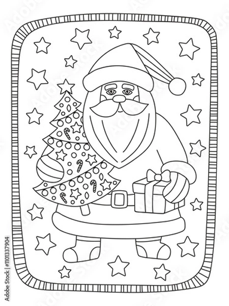 Obraz Vector antistress coloring page with Santa. Hand drawn Christmas illustation. Winter frame.