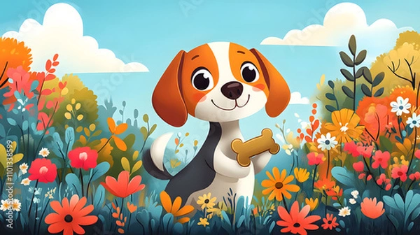 Fototapeta A playful cartoon-style illustration of a mischievous Beagle holding a bone, with exaggerated big eyes and floppy ears, surrounded by a colorful park scene filled with vibrant flowers and trees.