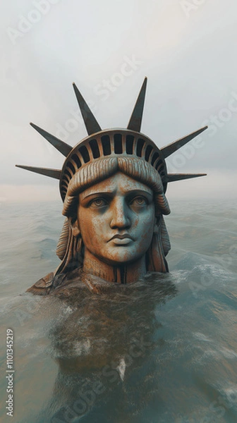 Fototapeta Decaying Statue of Liberty partially submerged in the ocean, with only the head and crown visible above the water. The statue's face shows signs of rust and erosion, symbolizing abandonment