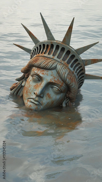 Fototapeta Decaying Statue of Liberty partially submerged in the ocean, with only the head and crown visible above the water. The statue's face shows signs of rust and erosion, symbolizing abandonment