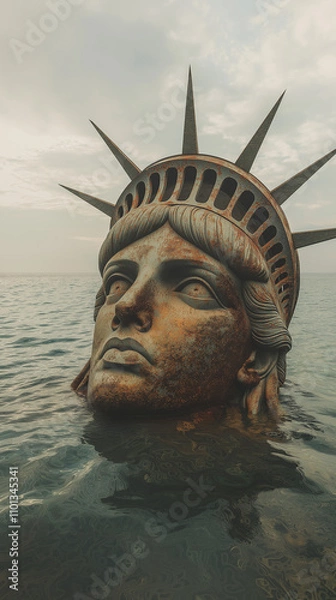 Fototapeta Decaying Statue of Liberty partially submerged in the ocean, with only the head and crown visible above the water. The statue's face shows signs of rust and erosion, symbolizing abandonment