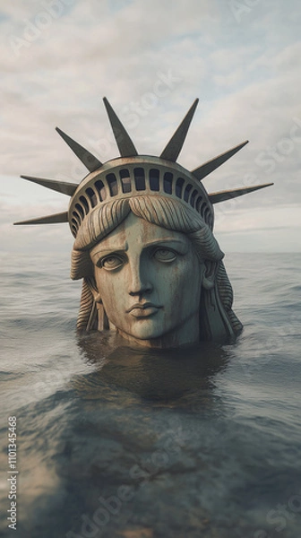 Fototapeta Decaying Statue of Liberty partially submerged in the ocean, with only the head and crown visible above the water. The statue's face shows signs of rust and erosion, symbolizing abandonment