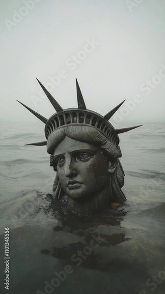 Fototapeta Decaying Statue of Liberty partially submerged in the ocean, with only the head and crown visible above the water. The statue's face shows signs of rust and erosion, symbolizing abandonment
