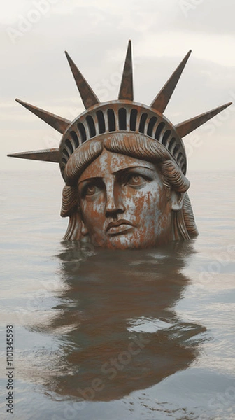 Fototapeta Decaying Statue of Liberty partially submerged in the ocean, with only the head and crown visible above the water. The statue's face shows signs of rust and erosion, symbolizing abandonment