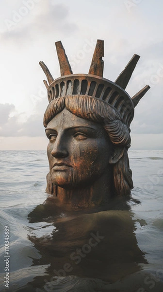Fototapeta Decaying Statue of Liberty partially submerged in the ocean, with only the head and crown visible above the water. The statue's face shows signs of rust and erosion, symbolizing abandonment