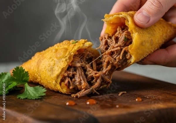 Fototapeta Delicious shredded beef empanada with fresh cilantro and hot sauce