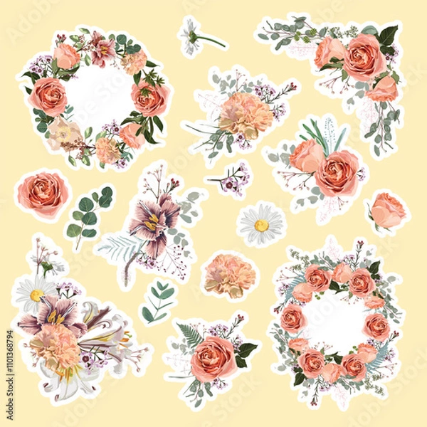 Obraz Set of roses and spring flowers elements. Set of stickers, pins, patches and handwritten notes collection stikers kit.