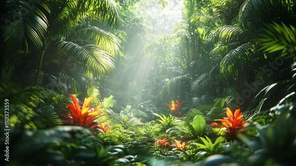Fototapeta Lush green jungle foliage with vibrant orange plants and sunbeams suitable for nature websites, travel blogs, botanical prints, and environmental presentations. Generated AI