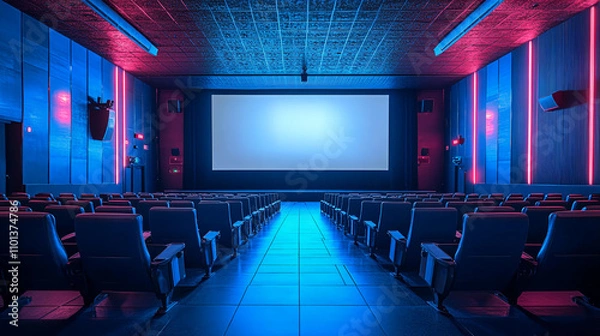 Fototapeta Empty theater seats face bright screen in neonlit auditorium. Perfect for illustrating film industry, entertainment venues, or cinematic experience concepts. Generated AI