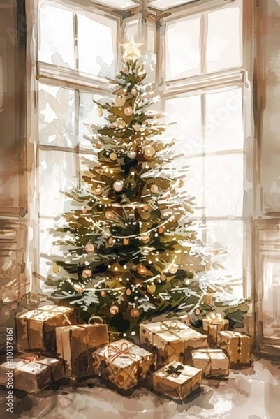 Fototapeta Christmas tree with presents under it in the style of chic watercolor illustration. Holiday greeting card design. New year symbol.