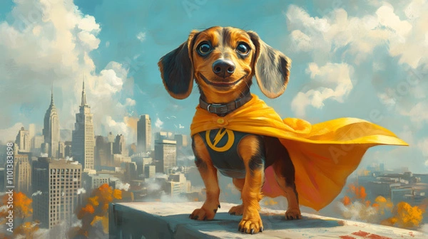 Fototapeta A quirky cartoon-style illustration of a Dachshund wearing a superhero cape, standing heroically on a rooftop with a playful smile, surrounded by a vibrant city skyline.