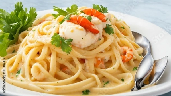 Obraz エビとクリームソースのパスタ