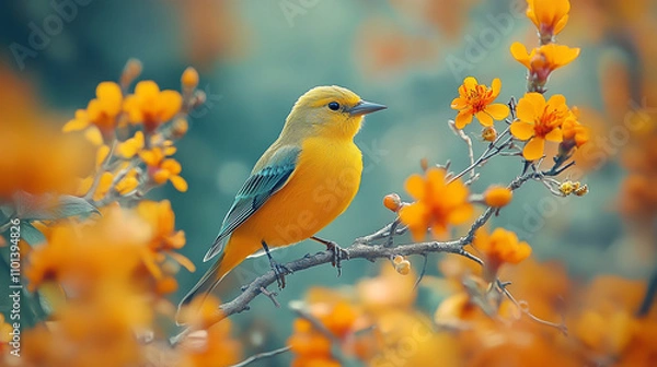 Fototapeta Yellow bird perches on branch amidst orange blossoms. Suitable for spring and naturethemed designs, cards, and greeting cards. Bright and colorful. Generated AI