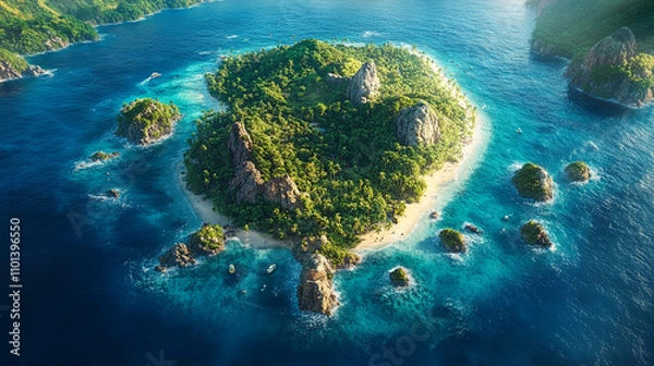 Fototapeta Ocean, tropical island, rocks, boats  ideal for travel brochures, vacation websites, and advertising materials with a serene, tropical theme. Generated AI