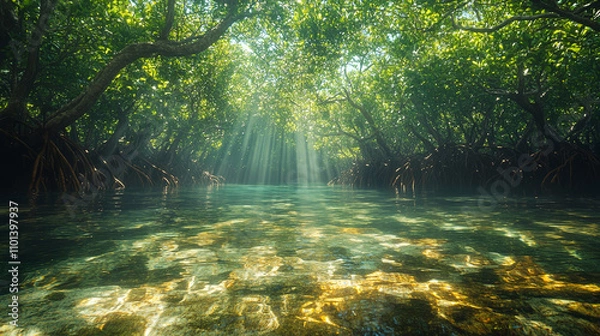 Fototapeta Sunlight streaming through mangrove trees over clear shallow water, ideal for nature, environment, travel, and outdoorthemed design projects. Generated AI