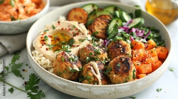 Fototapeta A colorful bowl featuring falafel, hummus, vegetables, and grains, promoting healthy eating.